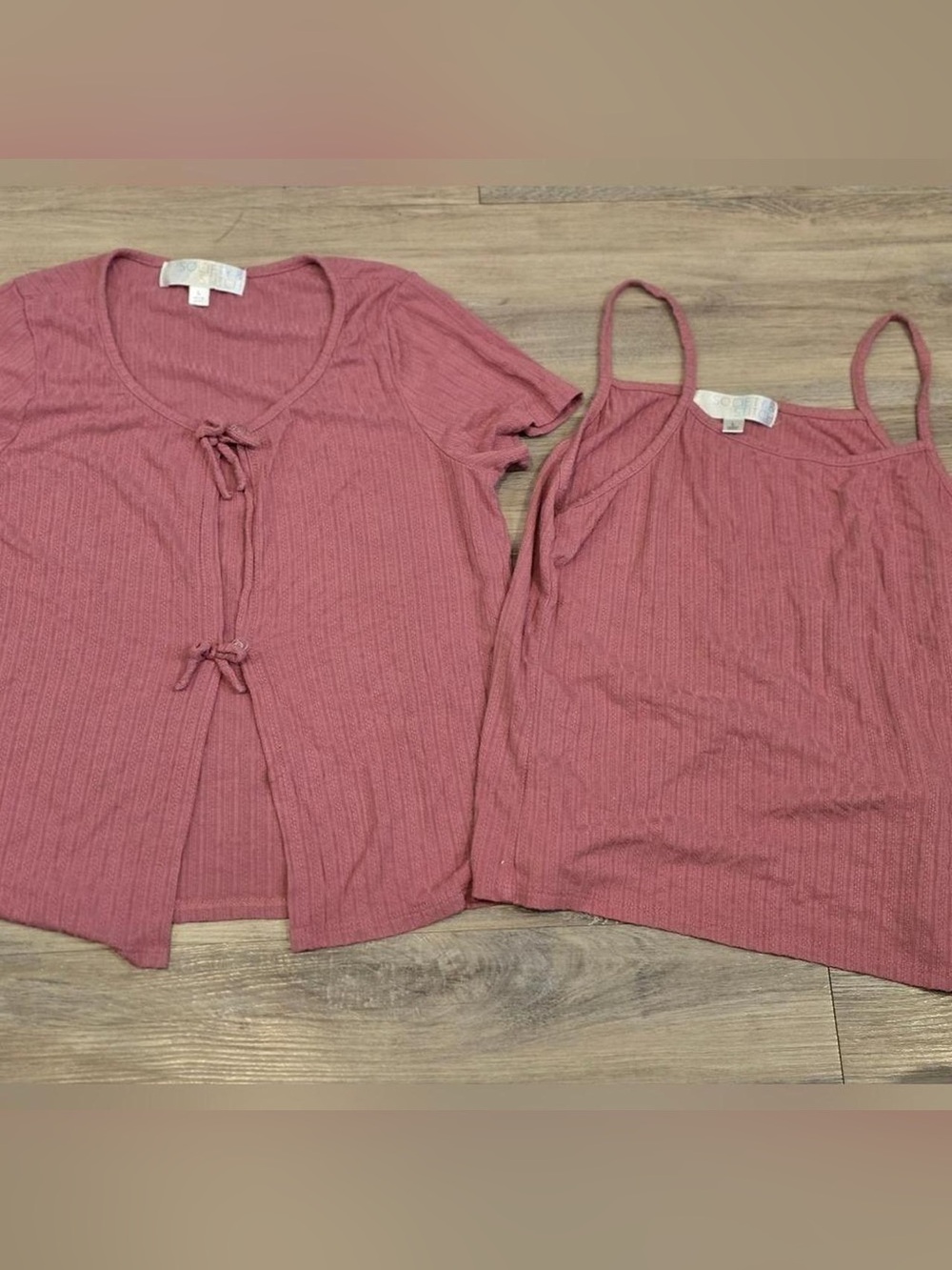 Two-Piece Rose Dust Knit Tank & Tie-Front Cardigan Set
